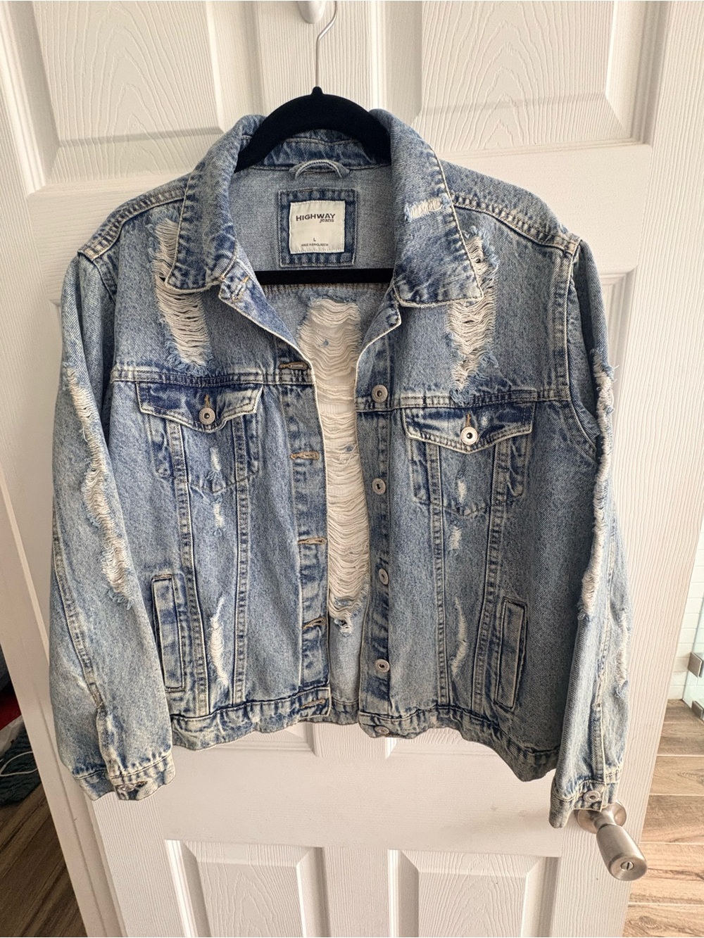 Highway Jeans Womens Denim Jean Jacket Size Large Distressed Ripped - soft denim